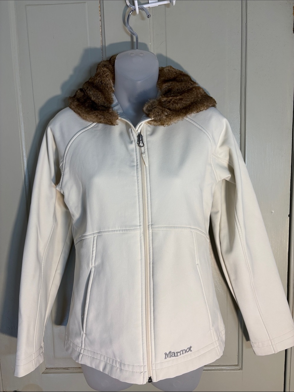 Marmot Women's Cream Bomber Jacket with Brown Faux Fur Hood